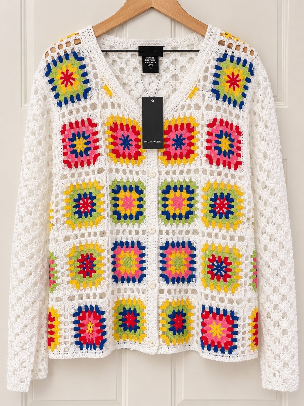 NWT LIV Los Angeles Crochet Open Knit Granny-Square Cardigan Sweater